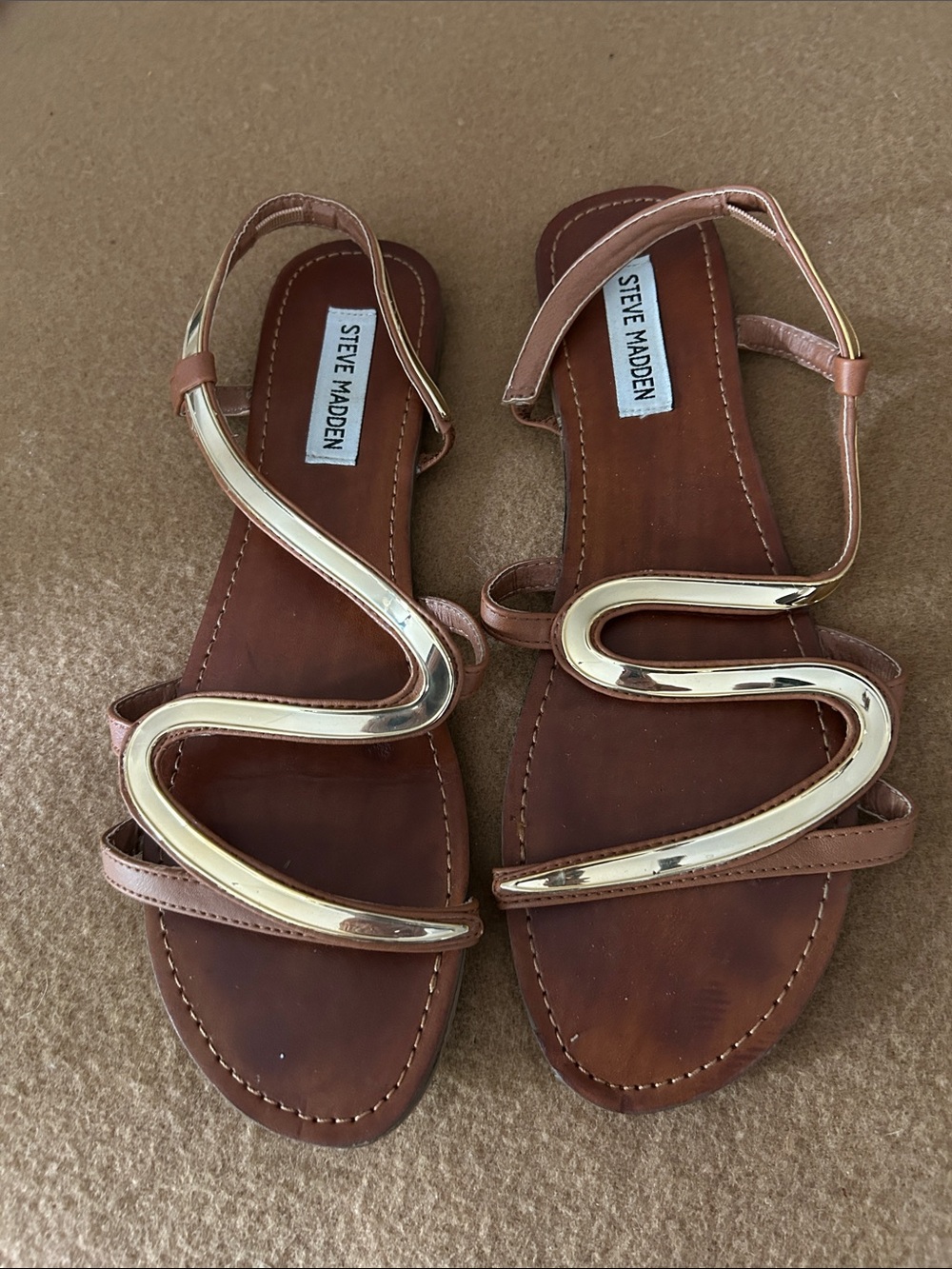 Steve Madden Tan Sandals with Gold Wave Accent